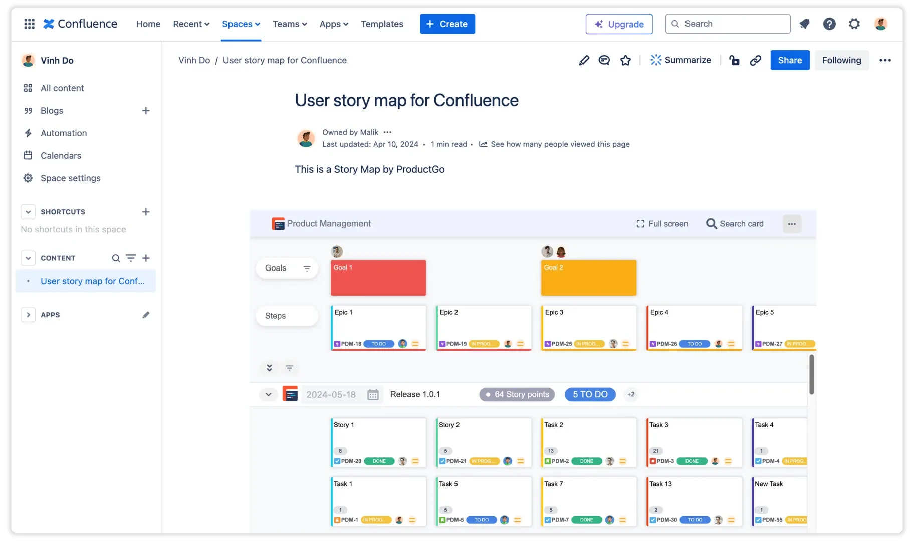 User Story Map for Confluence